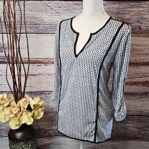 ANTILIA FEMME NAVY BLUE PATTERNED 3/4 ROLL-TAB SLEEVE PULLOVER BLOUSE